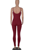 Red Casual Sportswear Solid Patchwork Spaghetti Strap Skinny Jumpsuits