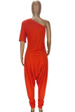 Tangerine Red Casual Solid Patchwork Asymmetrical Oblique Collar Loose Jumpsuits