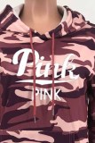 Purple Casual Camouflage Print Letter Hooded Collar Long Sleeve Two Pieces