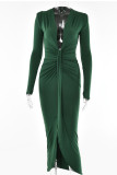 Verde sexy sólido patchwork fenda dobra assimétrica decote em V vestidos saia um passo