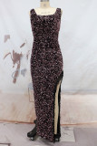ブラック ピンク セクシー エレガント ソリッド タッセル スパンコール パッチワーク スリット Uネック イブニングドレス ドレス