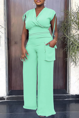 Green Casual Solid Patchwork V Neck Sleeveless Two Pieces