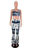 Blue Fashion adult Sexy Two Piece Suits Print Patchwork Boot Cut Sleeveless Two-piece Pants Se
