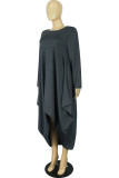 Black Fashion Casual Solid Asymmetrical O Neck Long Sleeve Dresses