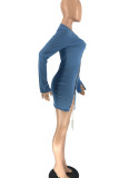 Blue Sexy Solid Hollowed Out Patchwork Chains O Neck Pencil Skirt Dresses
