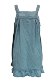 Deep Blue Casual Solid Flounce Spaghetti Strap Cake Skirt Dresses
