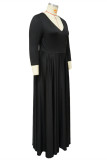 Black Casual Solid Patchwork V Neck Long Sleeve Plus Size Dresses