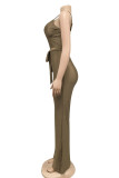 Army Green Daily Spandex Solid Bandage Backless Spaghetti Strap Regular Jumpsuits