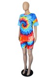 Red Blue Casual Print Tie-dye O Neck Short Sleeve Two Pieces