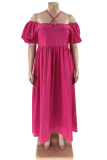 Rose Red Casual Work Elegant Solid Pocket Fold Halter A-lijn Grote maten jurken