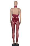 Burgundy Sexy Solid Bandage Hollowed Out Patchwork See-through Asymmetrical Sleeveless Two Pieces