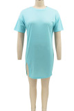Kaki Casual Solid Patchwork Slit O Neck T-shirt Dress Robes