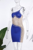 Bleu Sexy Patchwork Hot Drilling See-through Backless Oblique Collar Sling Dress Robes