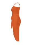 Tangerine Red Sexy Solid Bandage Лоскутное асимметричное платье с косым воротником Нерегулярные платья Платья