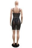 Abricot Sexy Patchwork Hot Drilling Tassel See-through Backless Spaghetti Strap Robe sans manches