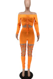 Tangerine Sexy Solid Bandage Hollowed Out Patchwork Off the Shoulder Long Sleeve Two Pieces