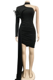 Black Sexy Solid Hollowed Out Patchwork Feathers Turtleneck Long Sleeve Dresses