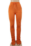Orange Drawstring High Solid Pocket Draped Boot Cut Pants Bottoms