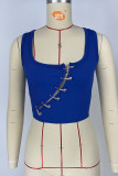 Blue Sexy Street Solid Hollowed Out Patchwork U Neck Tops