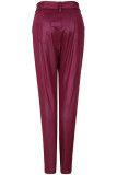 Бордовые модные повседневные однотонные с поясом узкие брюки-карандаш с высокой талией