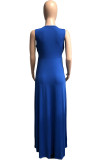 Blue Fashion Casual Solid Patchwork Slit V Neck Sleeveless Dress