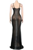 Black Sexy Patchwork Hot Drilling See-through Backless Spaghetti Strap Long Dress