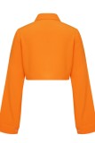 Blusas de colarinho de camisa de patchwork sólidas casuais laranja