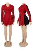 Vestido vermelho doce estilo britânico sólido patchwork gola virada para trás vestido de manga comprida vestidos plus size
