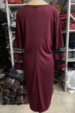 Burgundy Casual Solid Patchwork O Neck Straight Plus Size Dresses