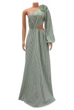 Green Casual Striped Print Hollowed Out Backless Slit Oblique Collar Long Dress Dresses
