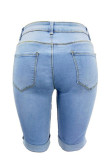 Baby Blue Street Solid Patchwork Fold High Waist Denim Shorts