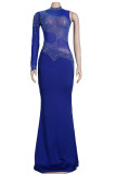 Apricot Fashion Sexy Patchwork Hot Drilling See-through Turtleneck Evening Dress