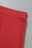 Röd Casual Solid slits av axeln Långärmad två delar