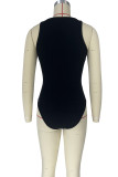 Bodysuits magros pretos casuais sólidos patchwork com decote em O