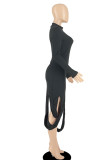 Vestido irregular de cuello alto asimétrico de patchwork sólido informal negro Vestidos