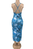 Royal Blue Sexy Print Patchwork Spaghetti Strap Pencil Skirt Dresses