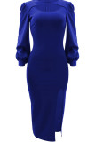 Blauwe elegante effen uitgeholde jurken met slit O-hals omwikkelde rok
