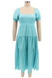 Light Blue Casual Sweet Solid Patchwork Square Collar A Line Dresses