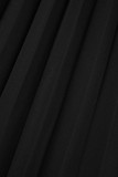 Vestidos pretos casuais sólidos frênulo plissados ​​com decote em V manga comprida
