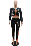 Black Casual Print Bandage Sequins O Neck Long Sleeve Two Pieces