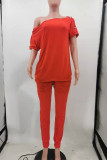 Red Casual Solid Patchwork Oblique Collar Short Sleeve Two Pieces