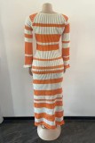 Orange Casual Patchwork Contrast Square Collar Long Sleeve Dresses