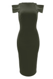 Green Casual Solid Patchwork Slit O Neck Wrapped Skirt Dresses