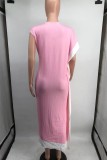 Roze Casual Print Split Basic O-hals Lange jurkjurken