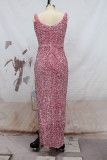 ピンクのセクシーでエレガントなソリッド タッセル スパンコール パッチワーク スリット U ネック イブニング ドレス ドレス