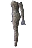 Snake Print Sexy Print Patchwork Off the Shoulder Skinny Jumpsuits
