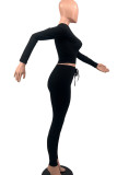 Черный Повседневная спортивная одежда Однотонный Пэчворк V-образный вырез Длинный рукав Из двух частей