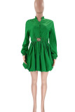 グリーン ファッション カジュアル ソリッド パッチワーク バックル フォールド マンダリン カラー A ライン ドレス