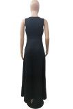 Black Fashion Casual Solid Patchwork Slit V Neck Sleeveless Dress