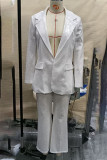 ホワイト カジュアル ソリッド スパンコール パッチワーク ボタン 折り返し襟 長袖 ツーピース